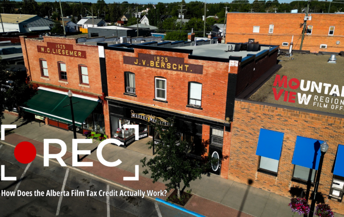 Aerial photograph of Didsbury, Alberta showing historic brick buildings with the wording How Does the Alberta Film Tax Credit Actually Work?